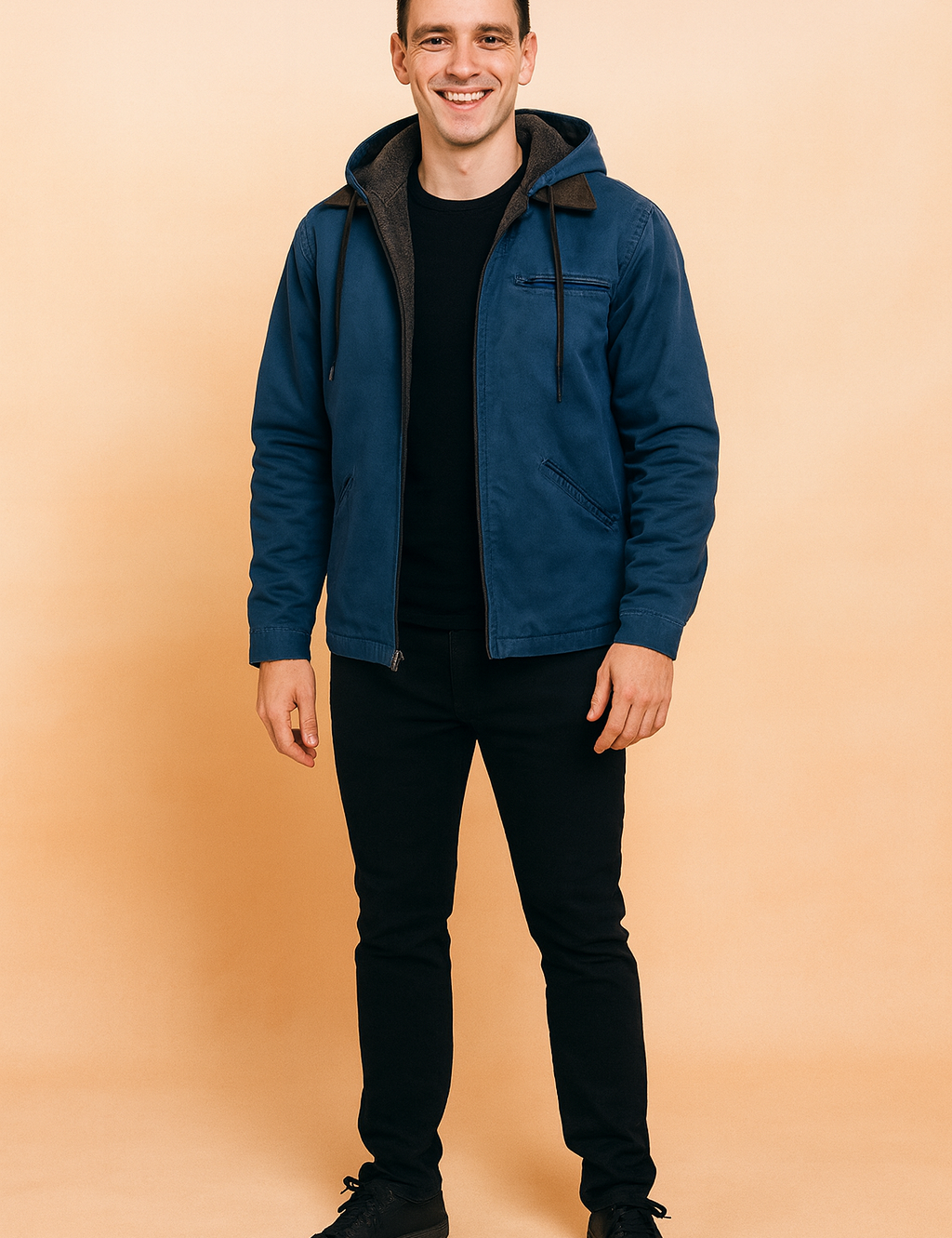 Blue hooded men's jacket with black inner lining, zip closure, and drawstring details.