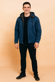 Blue hooded men's jacket with black inner lining, zip closure, and drawstring details.
