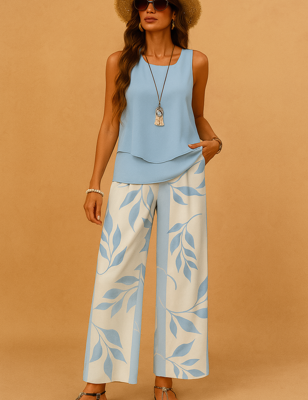 Light blue sleeveless top paired with wide-leg cream trousers featuring soft blue leaf patterns, styled with black sandals and summer accessories for a breezy and elegant daytime look.