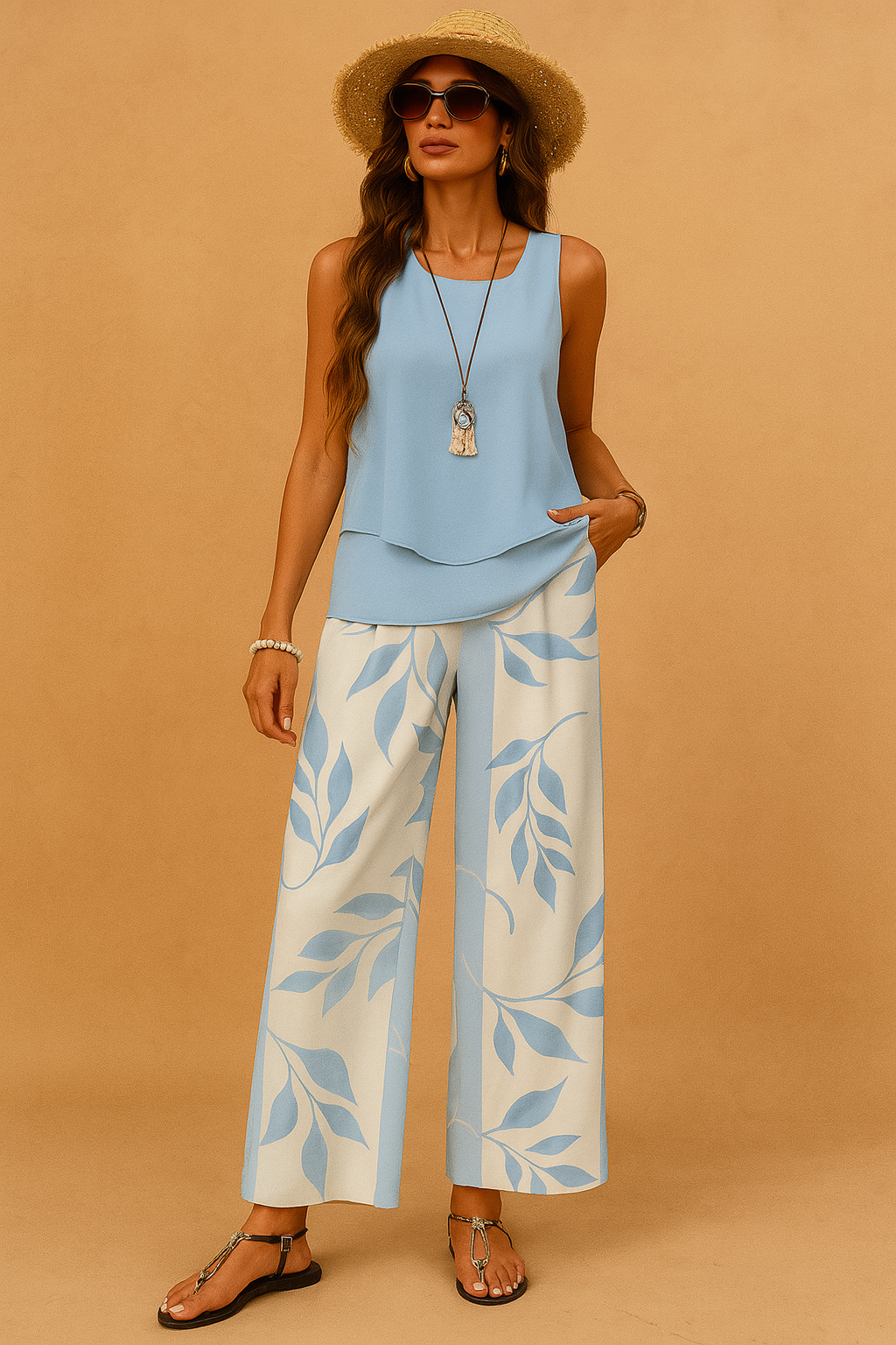 Light blue sleeveless top paired with wide-leg cream trousers featuring soft blue leaf patterns, styled with black sandals and summer accessories for a breezy and elegant daytime look.