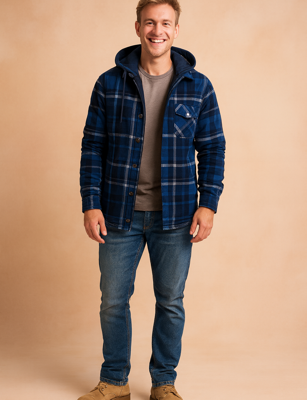Blue plaid hooded flannel jacket with button closure, quilted lining, and chest pocket detail styled for casual wear.