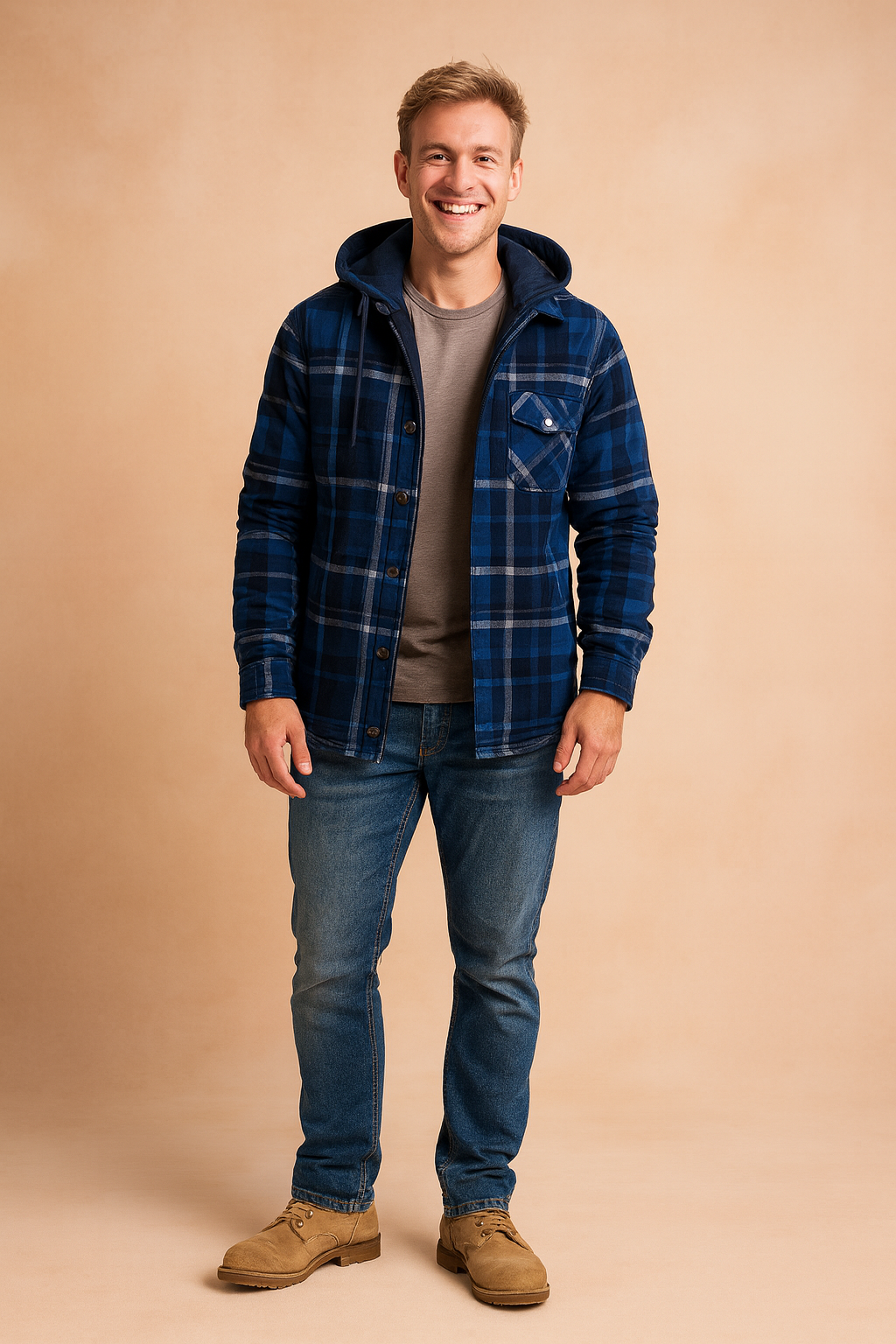 Blue plaid hooded flannel jacket with button closure, quilted lining, and chest pocket detail styled for casual wear.