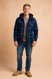 Blue plaid hooded flannel jacket with button closure, quilted lining, and chest pocket detail styled for casual wear.