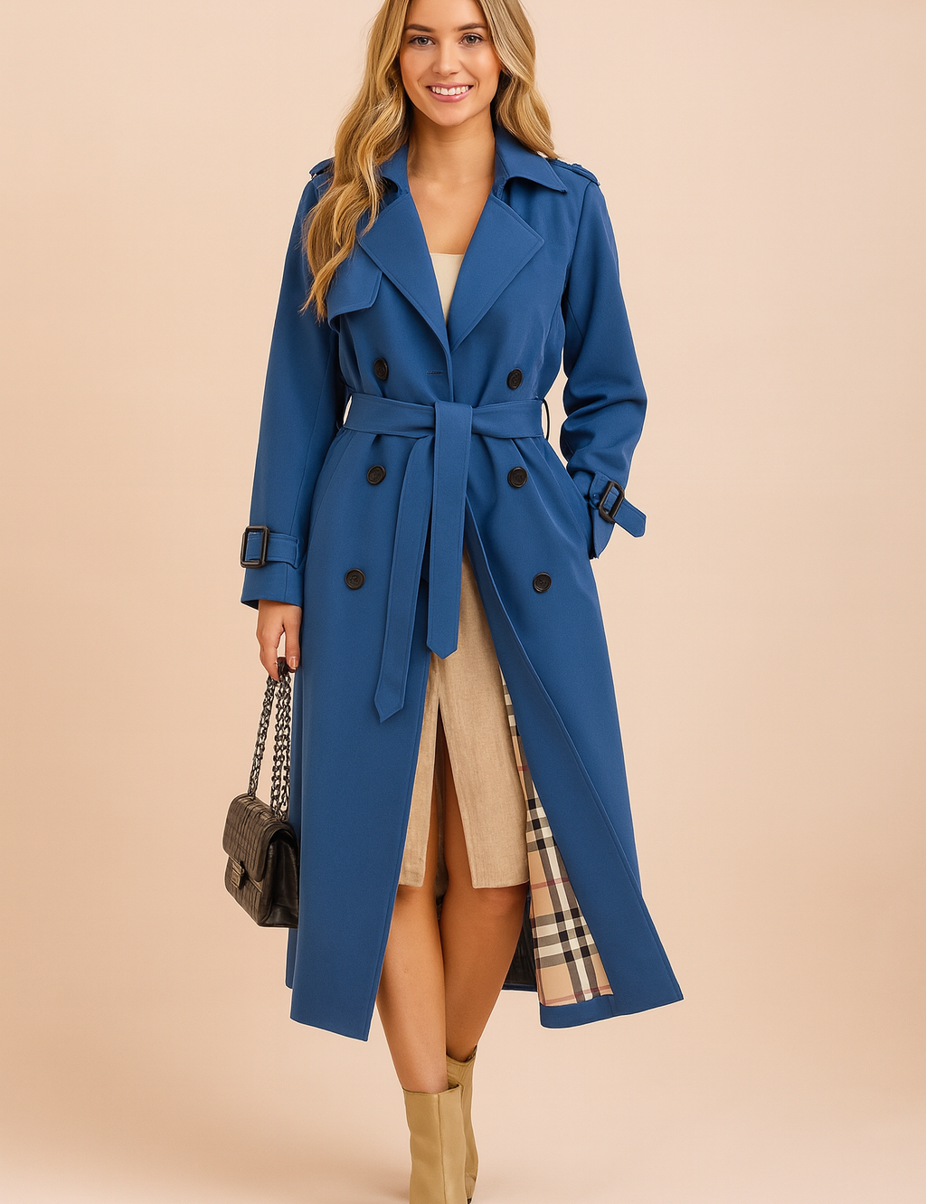 Elegant long blue trench coat with double-breasted design, waist belt, and detailed plaid inner lining, styled with classic buttons and structured shoulders.
