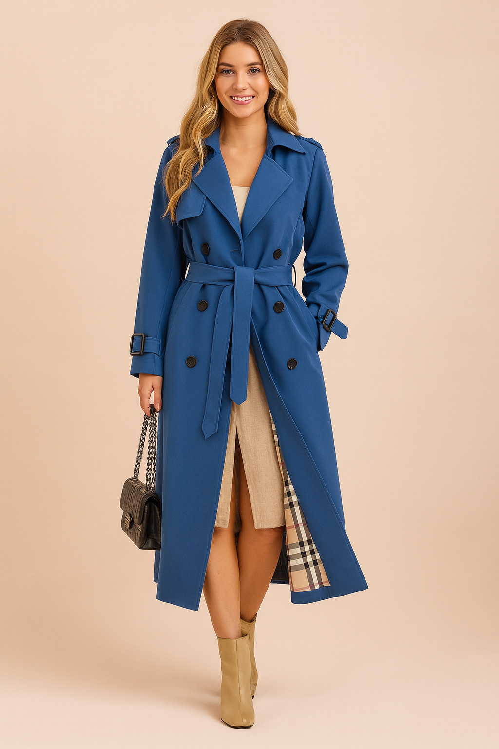 Elegant long blue trench coat with double-breasted design, waist belt, and detailed plaid inner lining, styled with classic buttons and structured shoulders.