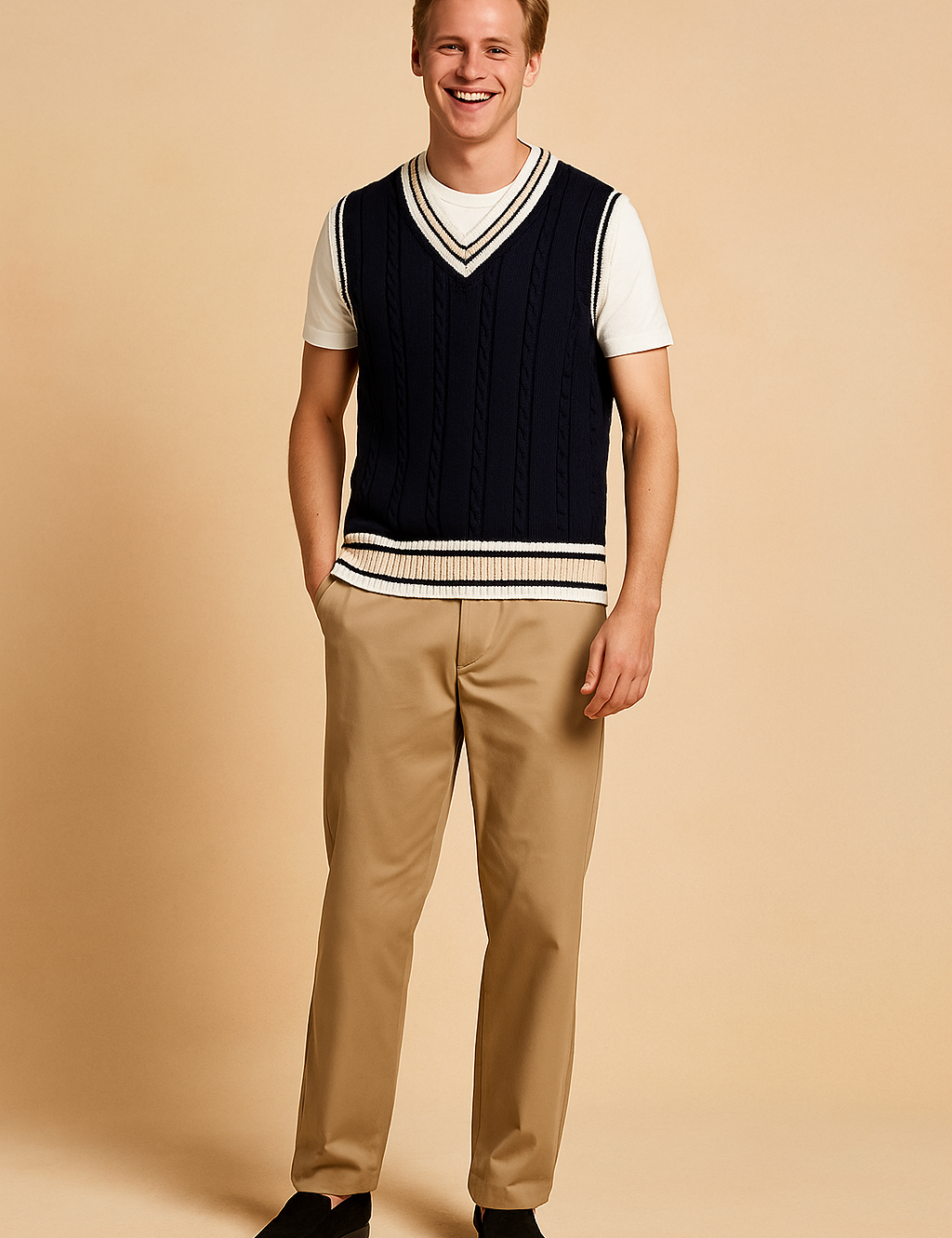 Stylish blue V-neck sweater with a smooth knitted texture.