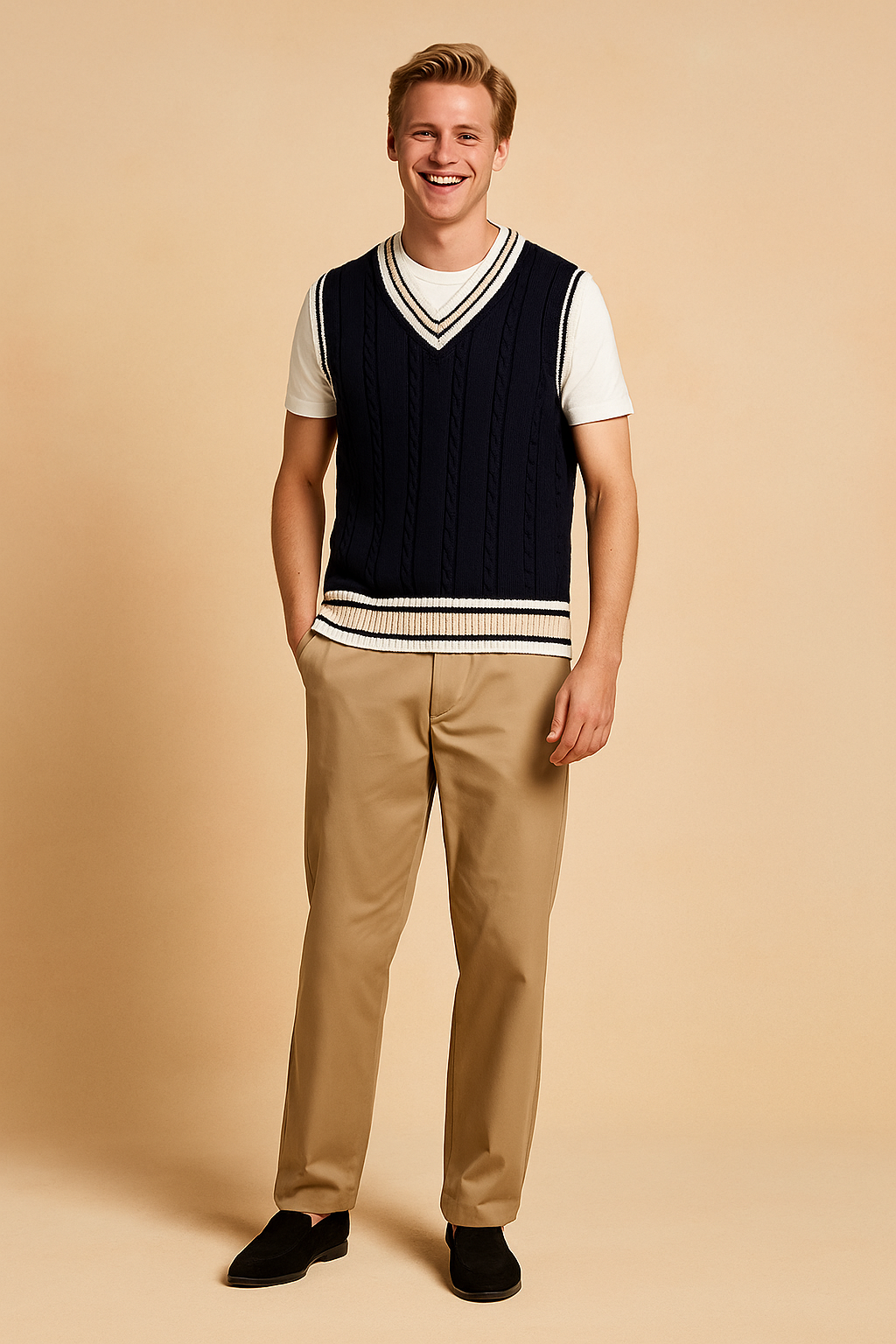 Stylish blue V-neck sweater with a smooth knitted texture.