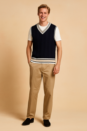 Stylish blue V-neck sweater with a smooth knitted texture.