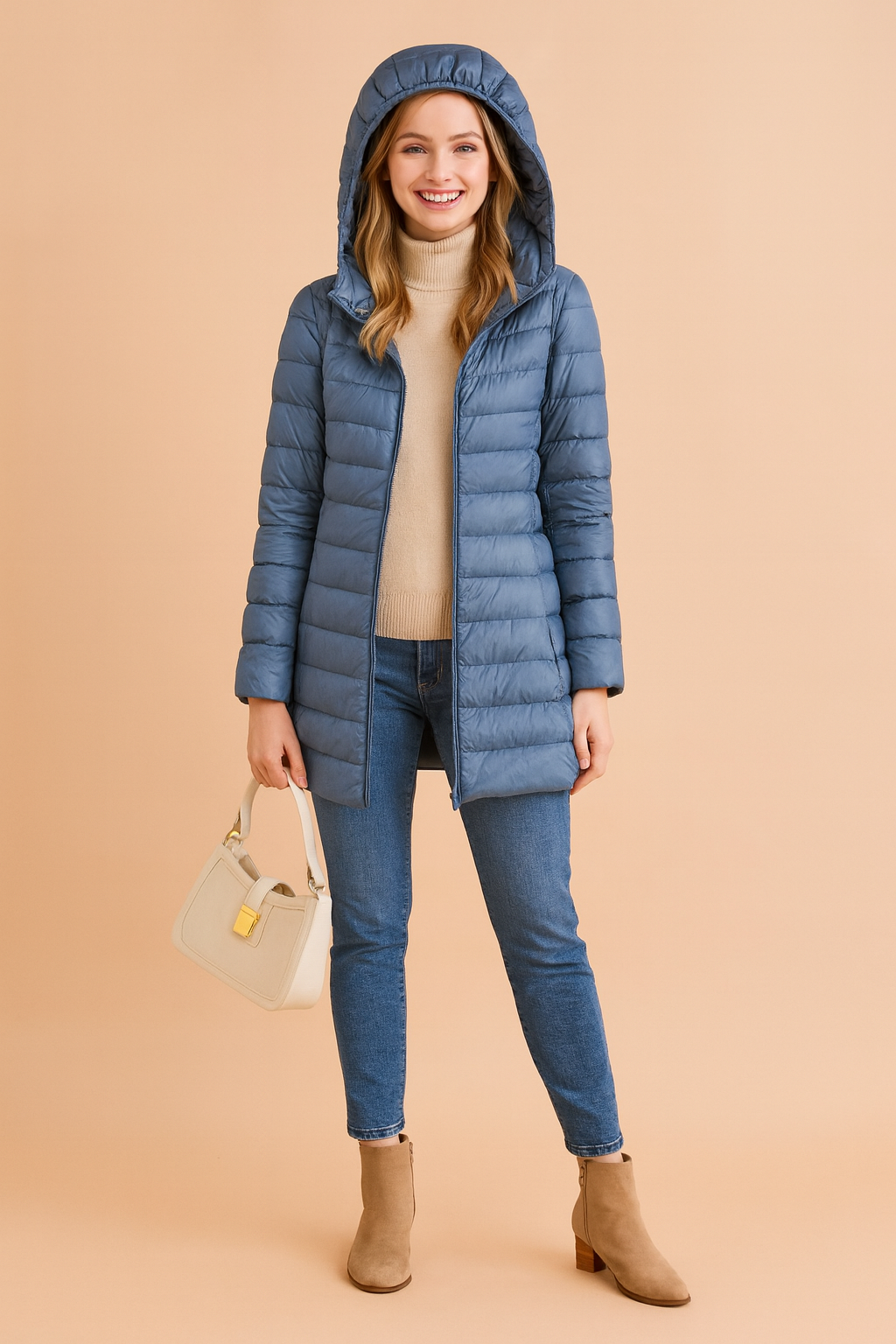 Blue long winter puffer jacket with hood, styled with a beige turtleneck sweater, slim jeans, ankle boots, and a beige handbag