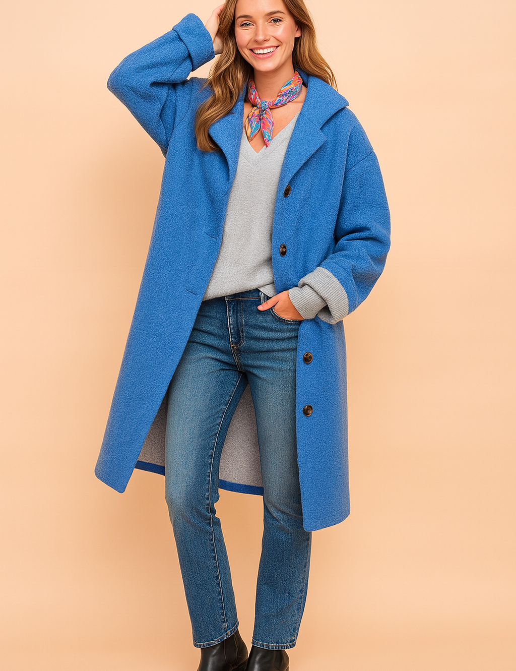 Bright cobalt blue wool overcoat with button closure, wide lapels, and rolled cuffs, paired with a light gray V-neck sweater, straight-leg blue jeans, colorful patterned neck scarf, and black leather ankle boots.