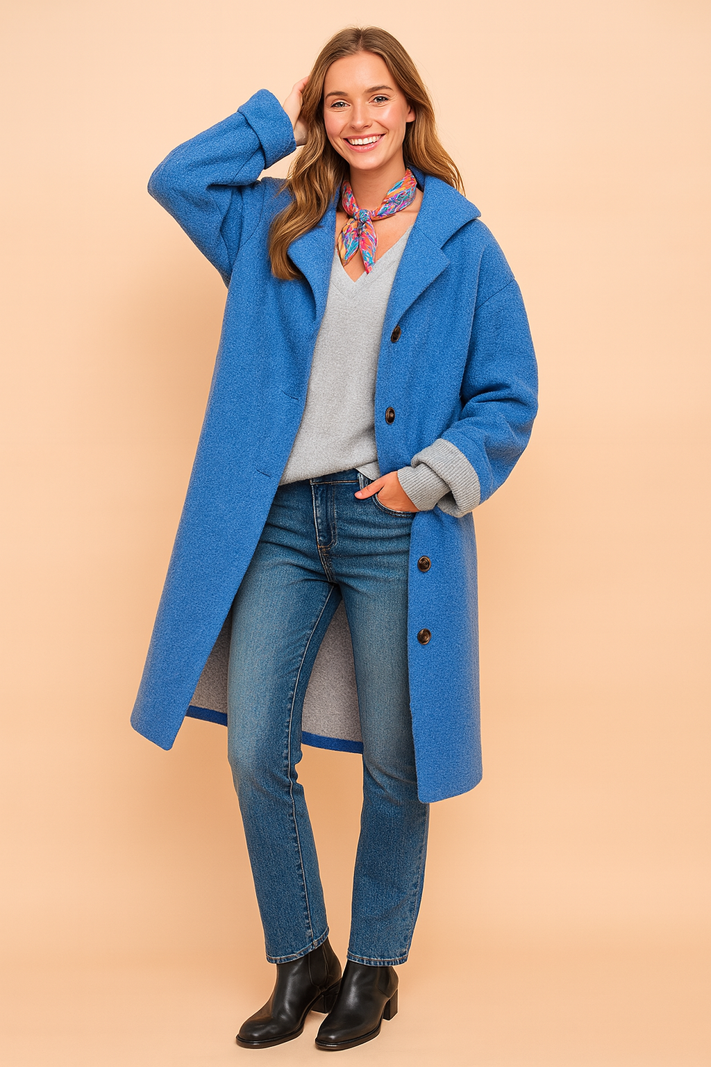 Bright cobalt blue wool overcoat with button closure, wide lapels, and rolled cuffs, paired with a light gray V-neck sweater, straight-leg blue jeans, colorful patterned neck scarf, and black leather ankle boots.