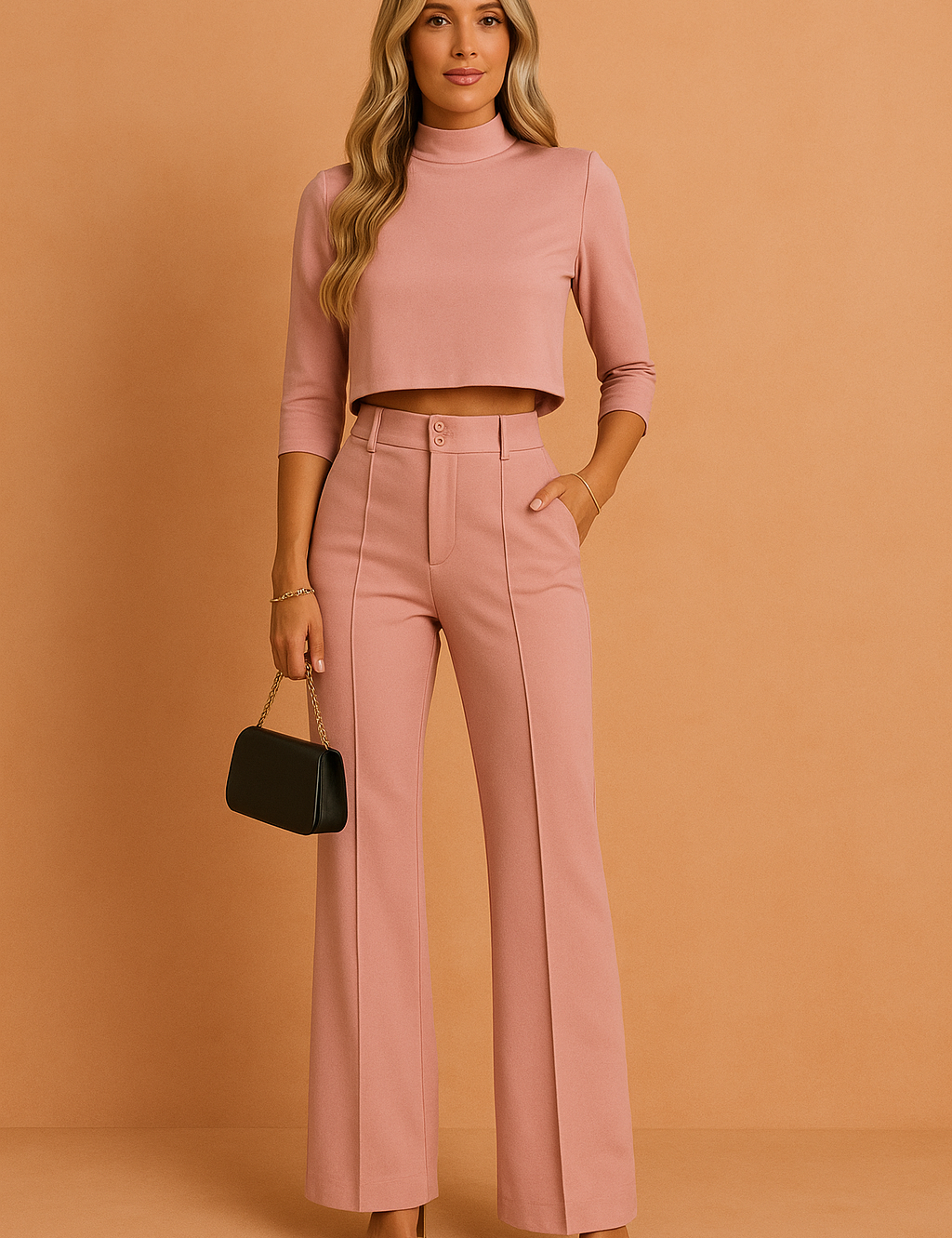 Blush pink co-ord set with a cropped high-neck top and matching high-waisted wide-leg pants, styled with a black mini shoulder bag and heeled sandals.