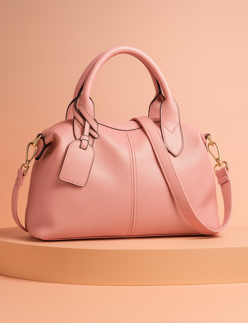Blush pink leather handbag with top handles, gold hardware, and detachable shoulder strap, styled on a pastel platform with warm gradient lighting.
