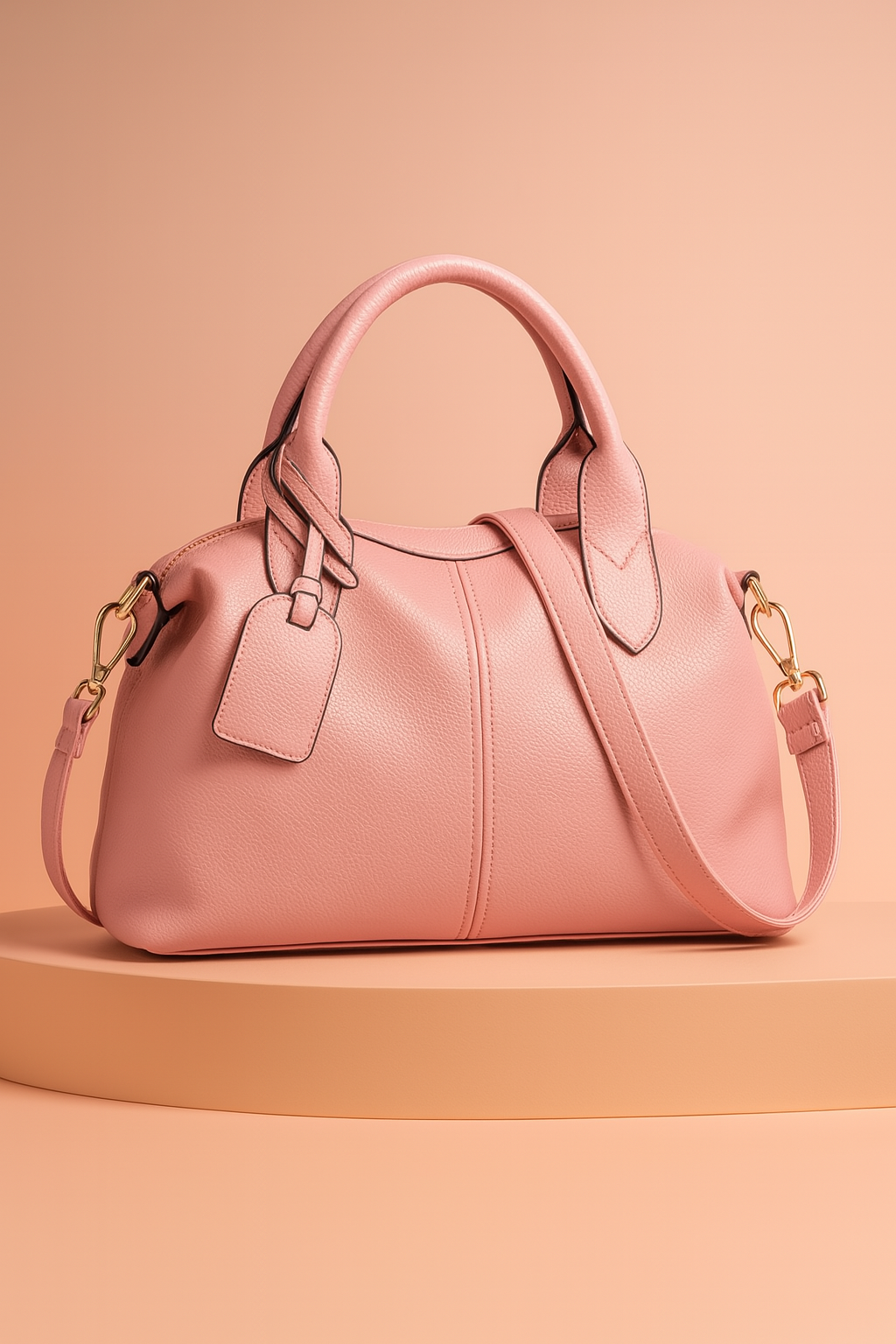 Blush pink leather handbag with top handles, gold hardware, and detachable shoulder strap, styled on a pastel platform with warm gradient lighting.