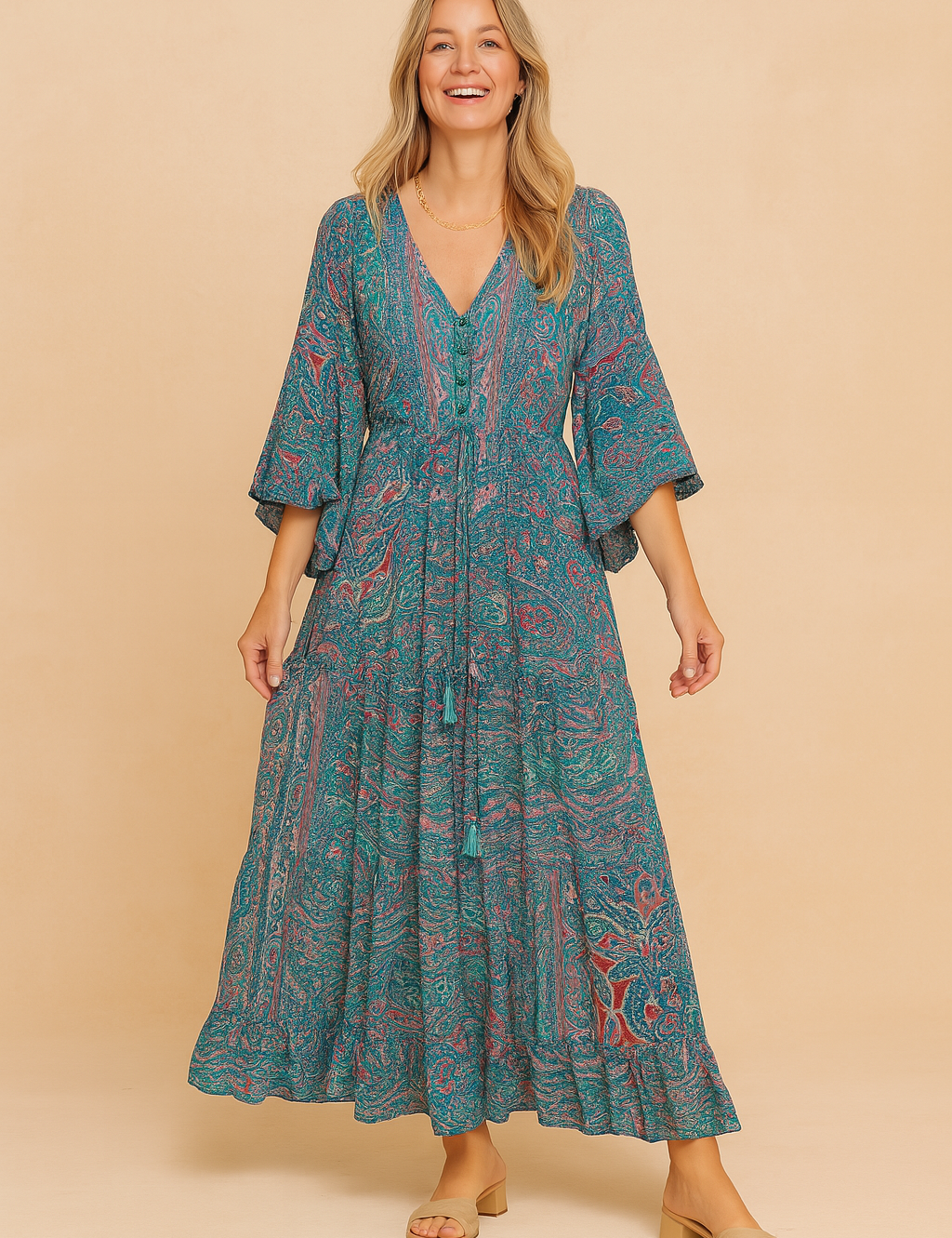 Bohemian-style paisley maxi dress with long flared sleeves, front button detail, and drawstring waist, featuring a flowing silhouette in teal, pink, and turquoise swirls.