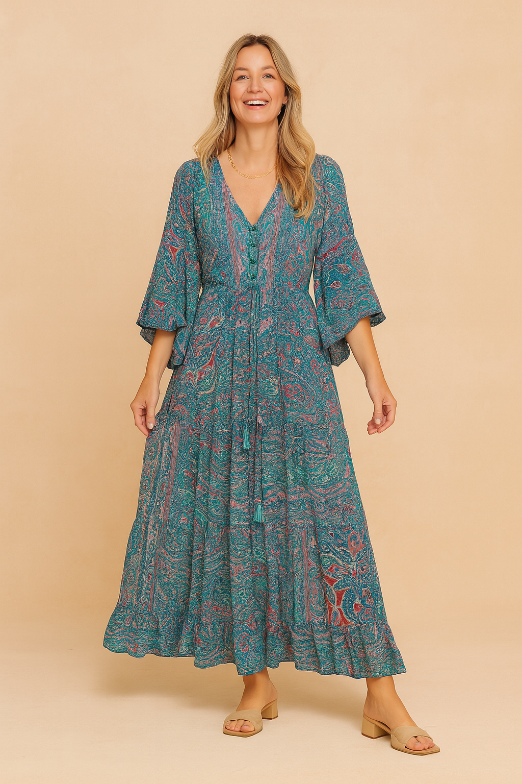 Bohemian-style paisley maxi dress with long flared sleeves, front button detail, and drawstring waist, featuring a flowing silhouette in teal, pink, and turquoise swirls.
