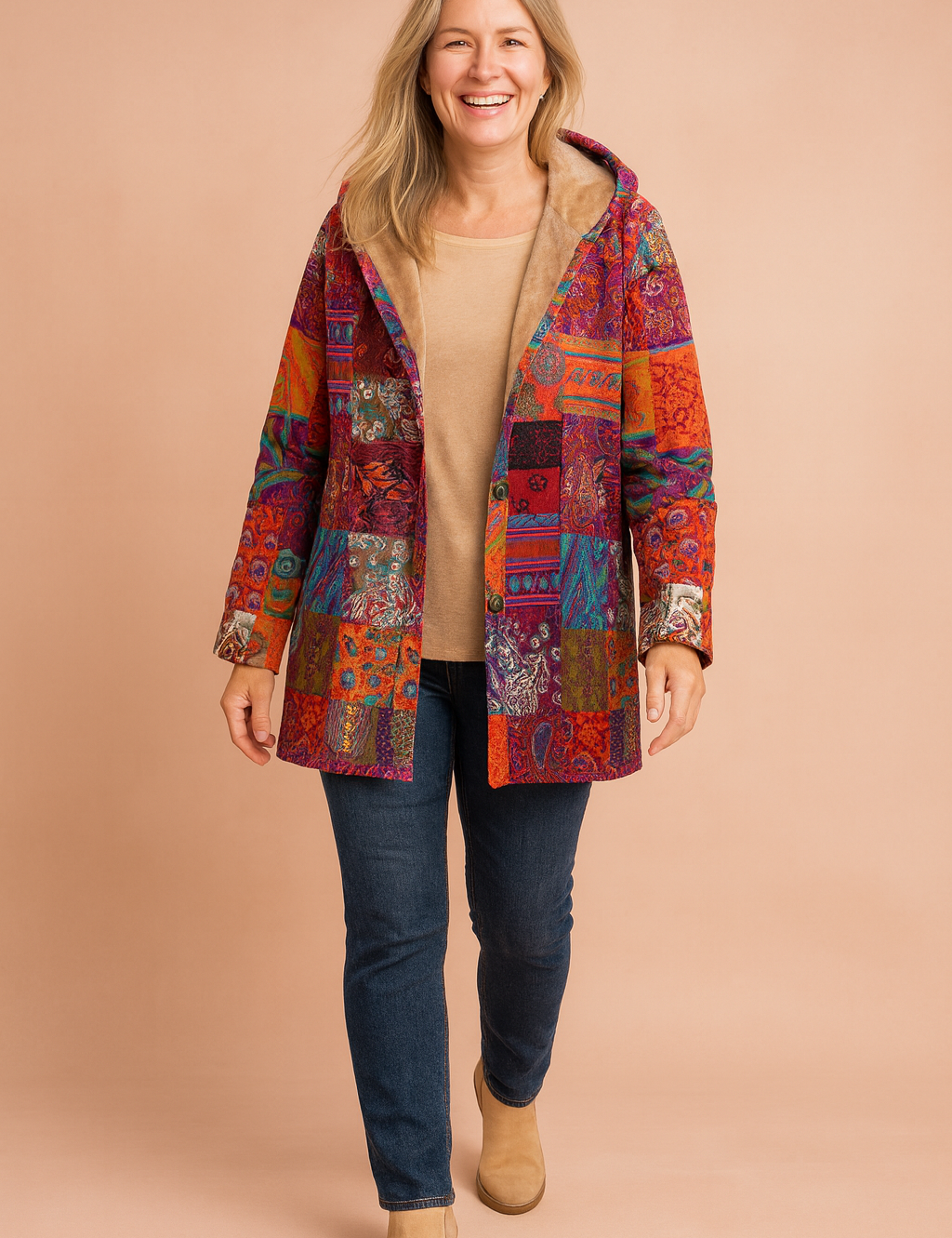 Bohemian patchwork fleece-lined hooded coat in multicolor tribal and paisley print, featuring rich velvet textures, vivid color blocks in red, orange, turquoise, and violet, with a warm tan faux fur lining.