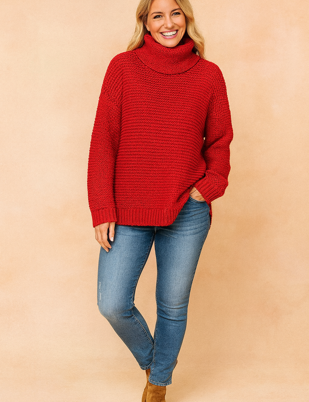 Oversized chunky-knit red turtleneck sweater with ribbed cuffs and hem, paired with medium-wash skinny jeans and tan suede ankle boots.