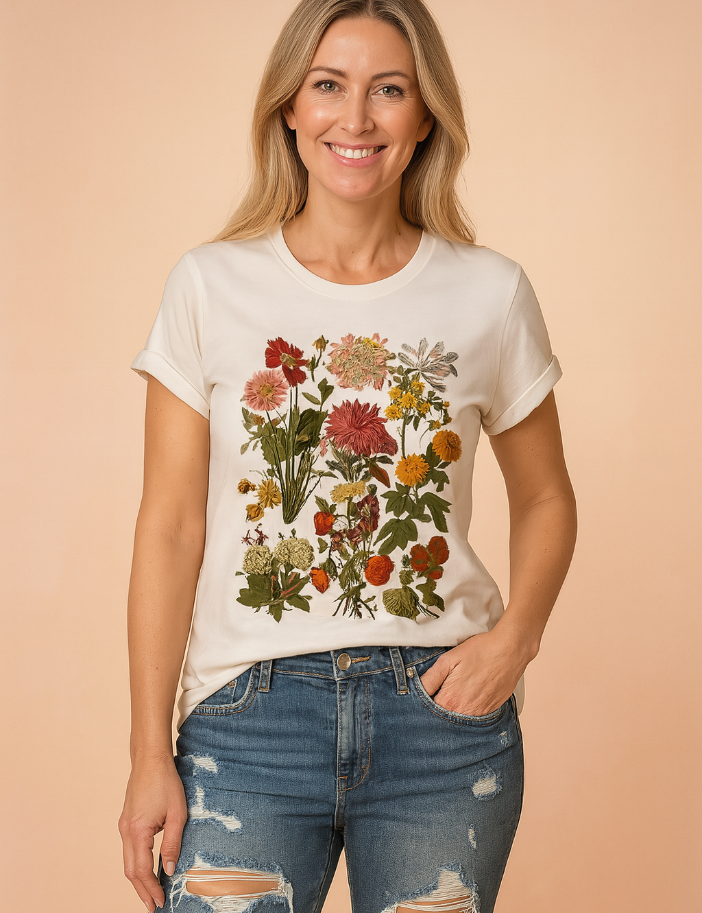 White crew-neck T-shirt featuring a vivid all-over botanical print of assorted wildflowers in rich reds, oranges, pinks, and greens, paired with distressed mid-rise blue jeans.