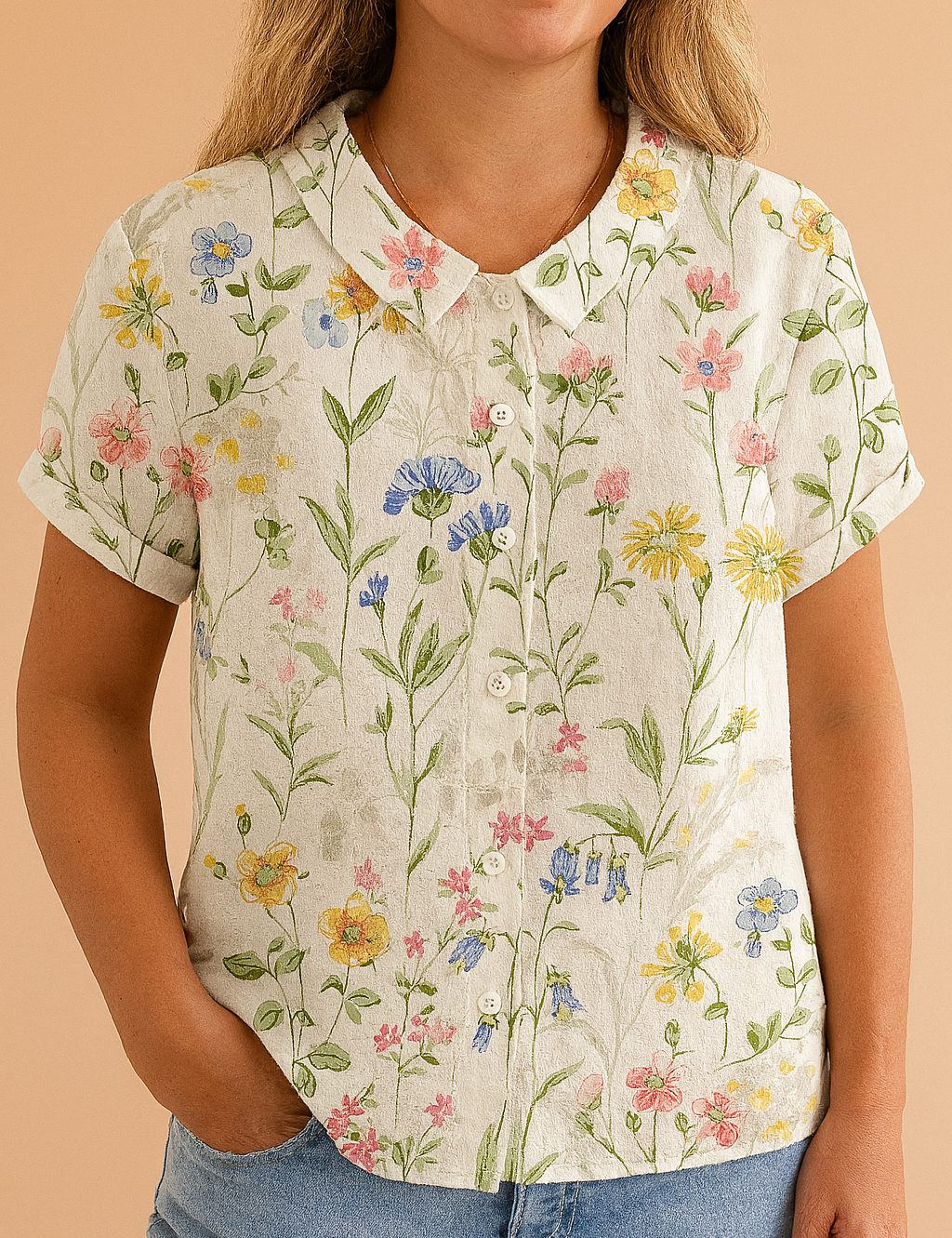 Short-sleeved button-up blouse with a pointed collar, featuring a vibrant botanical print of hand-drawn wildflowers in yellow, pink, purple, and blue on a soft off-white linen fabric.