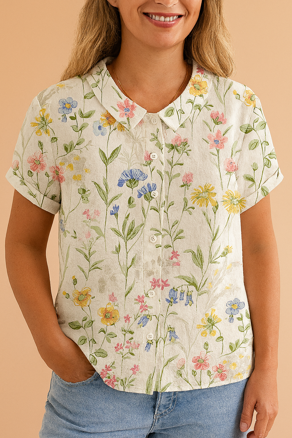 Short-sleeved button-up blouse with a pointed collar, featuring a vibrant botanical print of hand-drawn wildflowers in yellow, pink, purple, and blue on a soft off-white linen fabric.