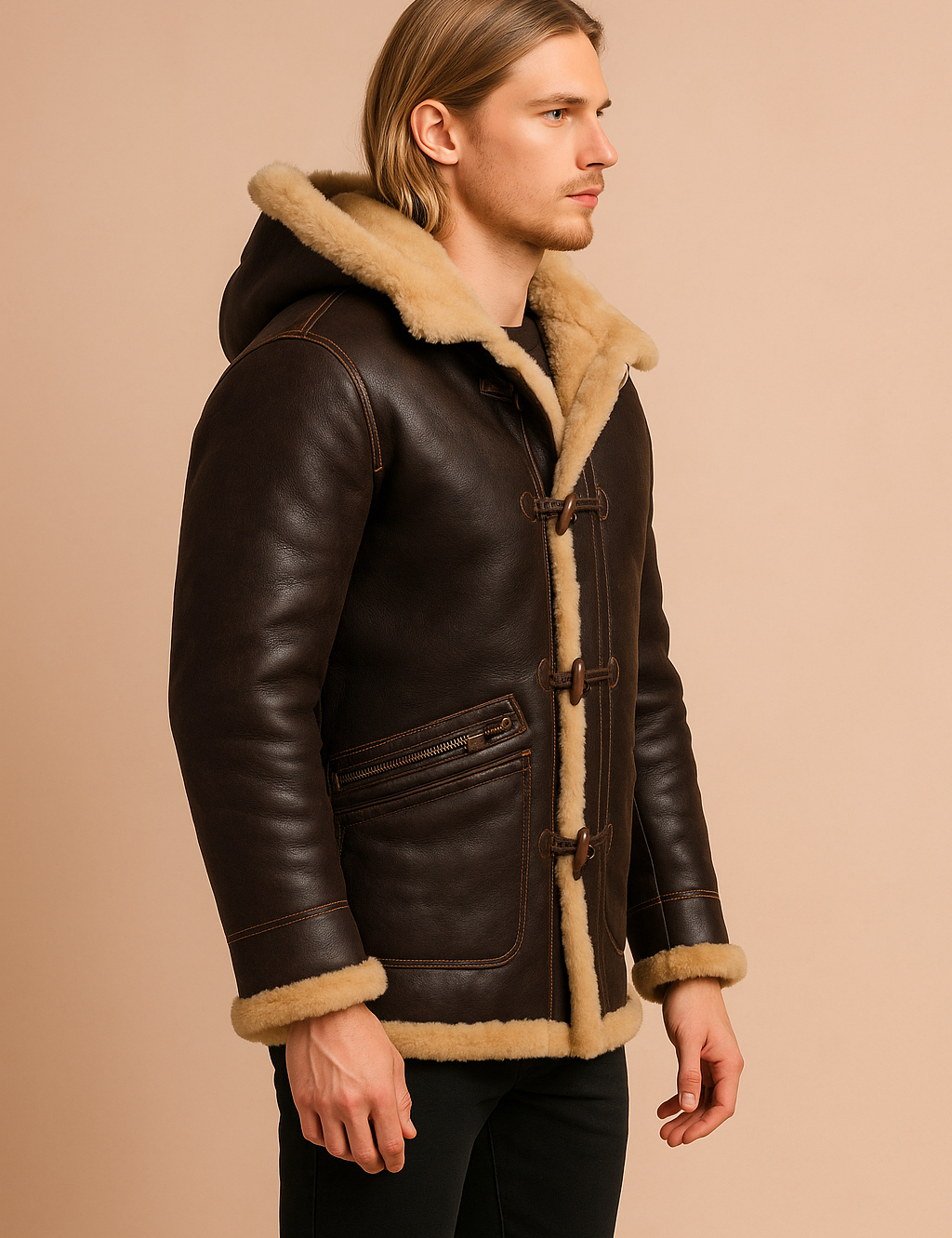 brązowa skórzana kurtka shearling męska z beżowym kożuchem, klasyczna kurtka zimowa z kapturem widok z boku