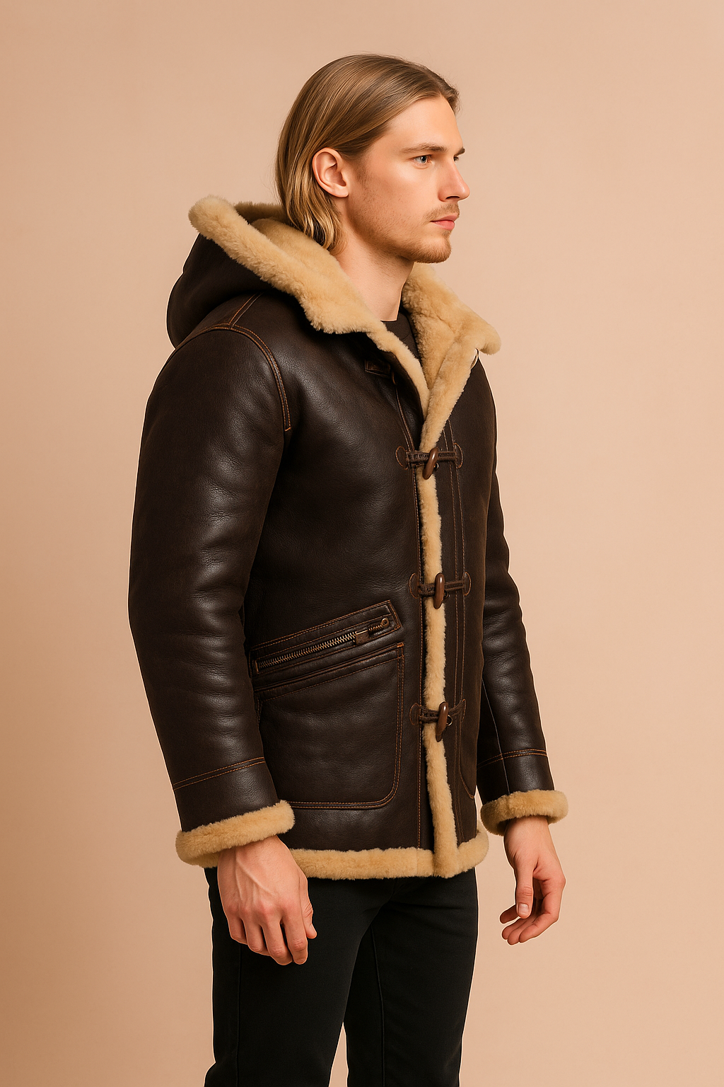 brązowa skórzana kurtka shearling męska z beżowym kożuchem, klasyczna kurtka zimowa z kapturem widok z boku