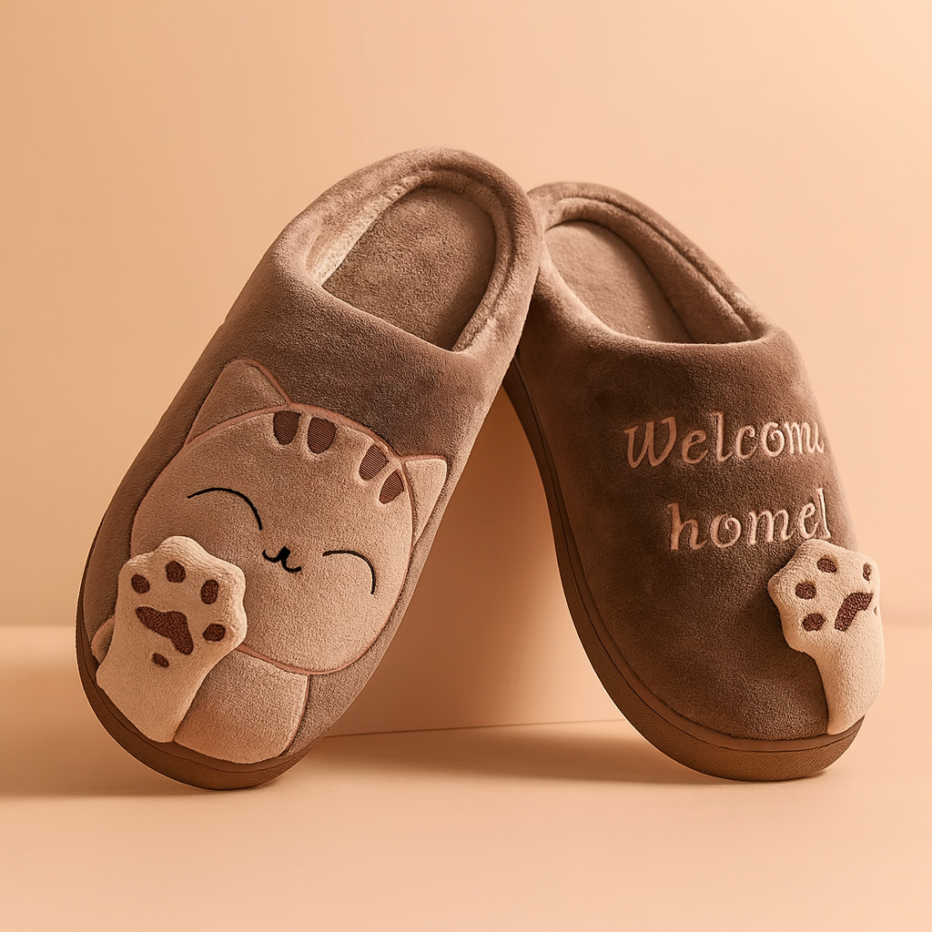 Brązowe kapcie domowe z pluszowym motywem kota, haftowanym napisem „Welcome home!” i dekoracyjną łapką 3D, na miękkiej, jednolitej beżowo-różowej scenie w stylu modowej sesji zdjęciowej.