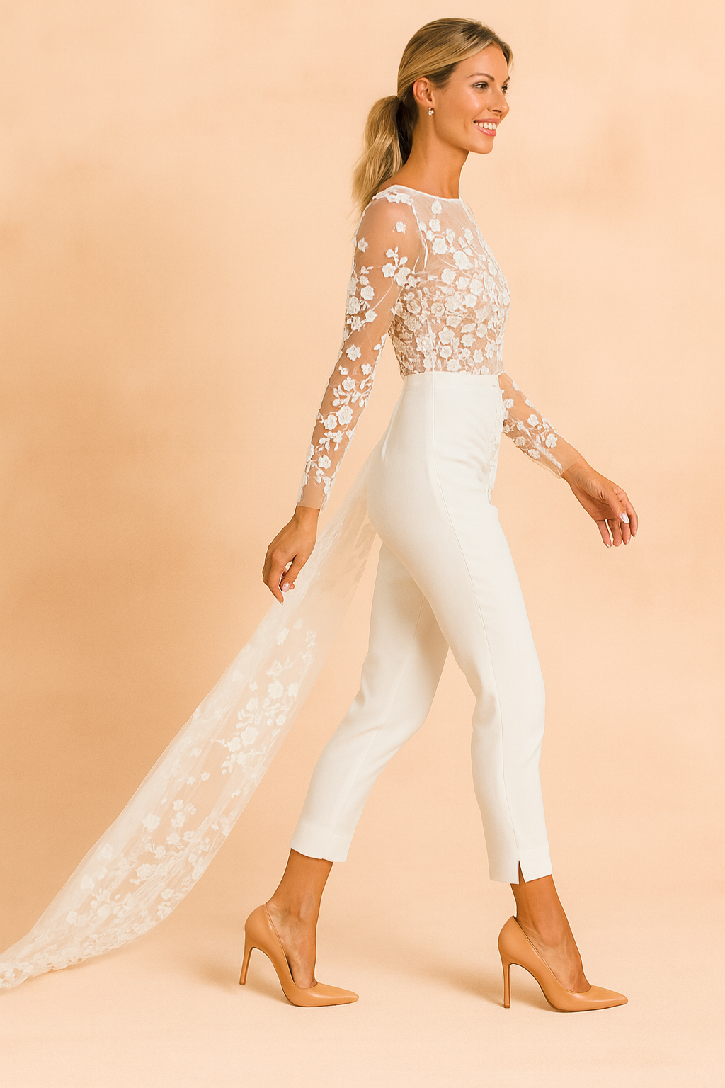 White bridal jumpsuit with sheer floral lace bodice, long lace sleeves, fitted ankle-length trousers, and a flowing lace overlay train.