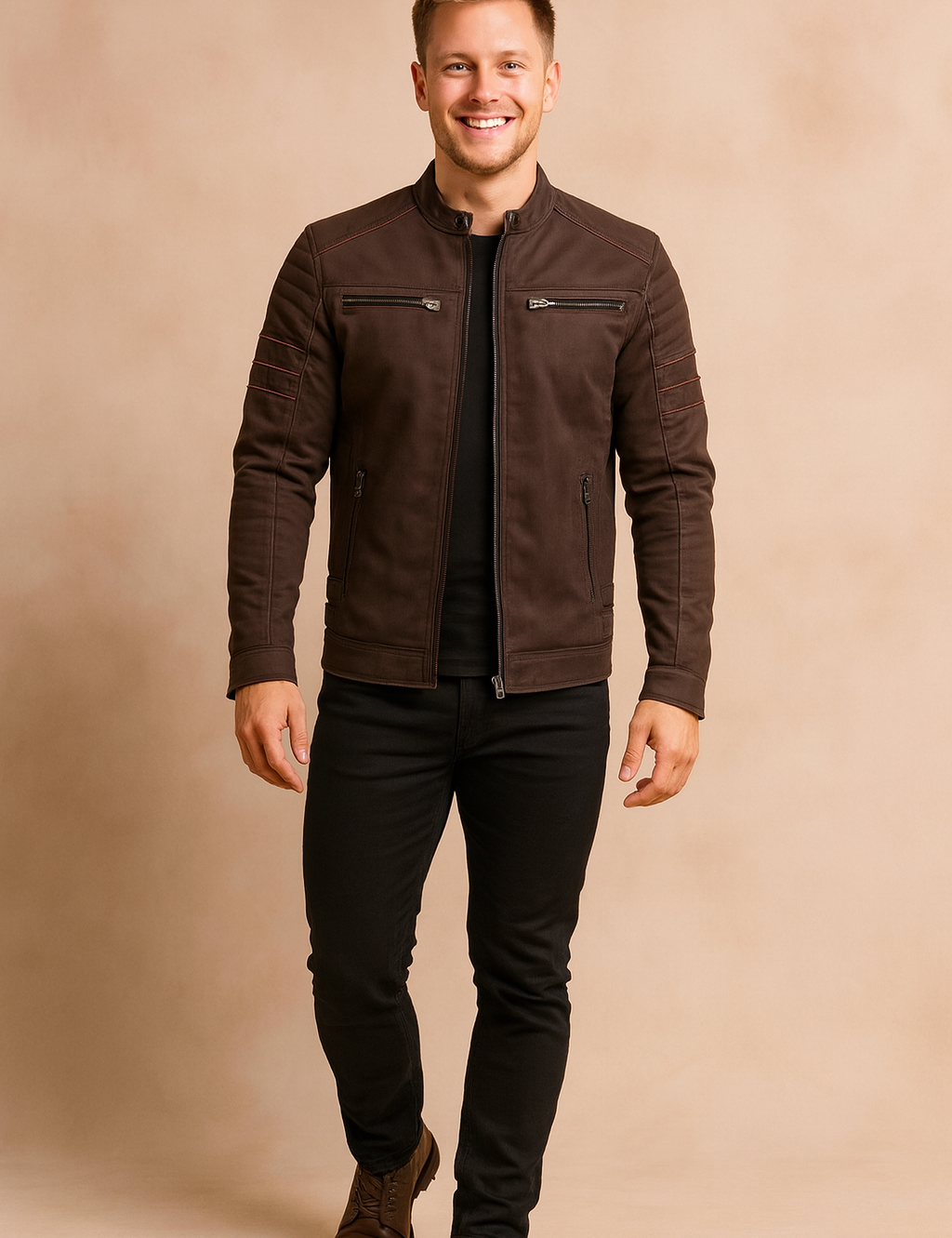 Dark brown biker-style jacket with quilted shoulder and sleeve detailing, front zipper closure, four zippered pockets, paired with slim black jeans and brown leather boots.