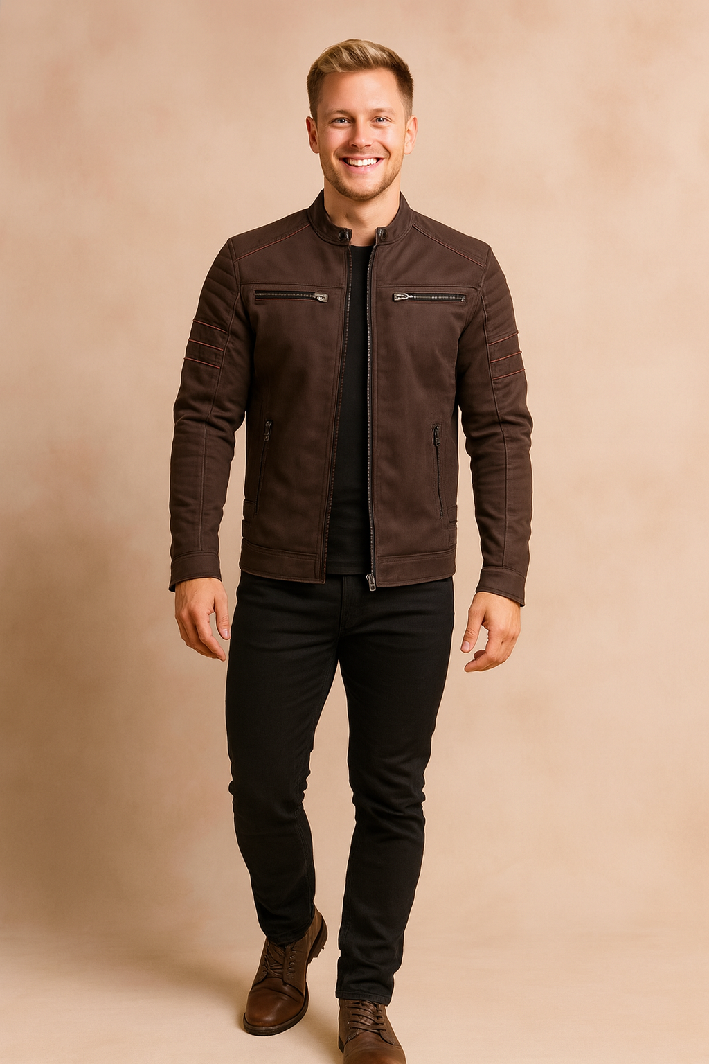 Dark brown biker-style jacket with quilted shoulder and sleeve detailing, front zipper closure, four zippered pockets, paired with slim black jeans and brown leather boots.
