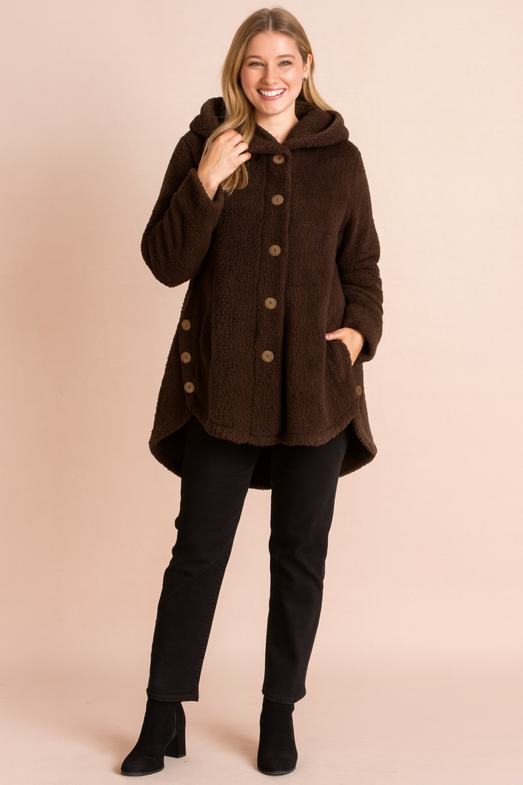 Brown fleece hooded button-up jacket with front pockets, designed for women. Features a mid-thigh length, long sleeves, and cozy sherpa-style fabric for warmth and comfort