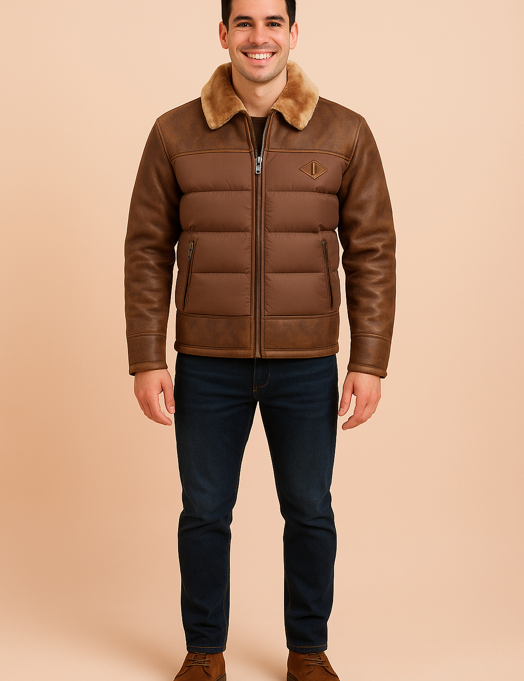 Brown padded bomber jacket with distressed leather sleeves and faux fur collar, featuring quilted front panels, zip closure, and side pockets for a stylish winter look.