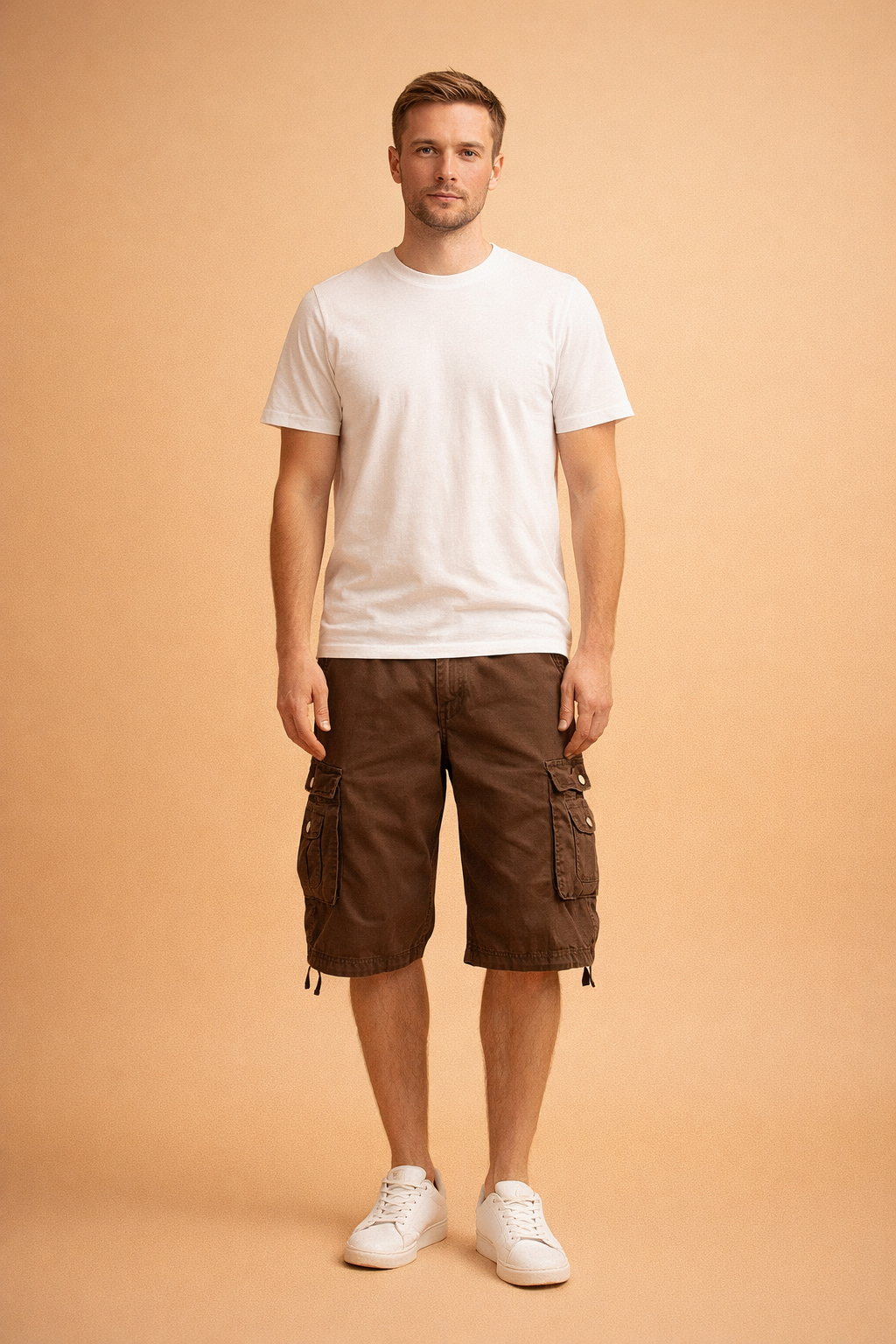Brown cotton cargo shorts with multi-pocket utility design, paired with a casual fitted shirt and clean everyday shoes for a relaxed summer outfit