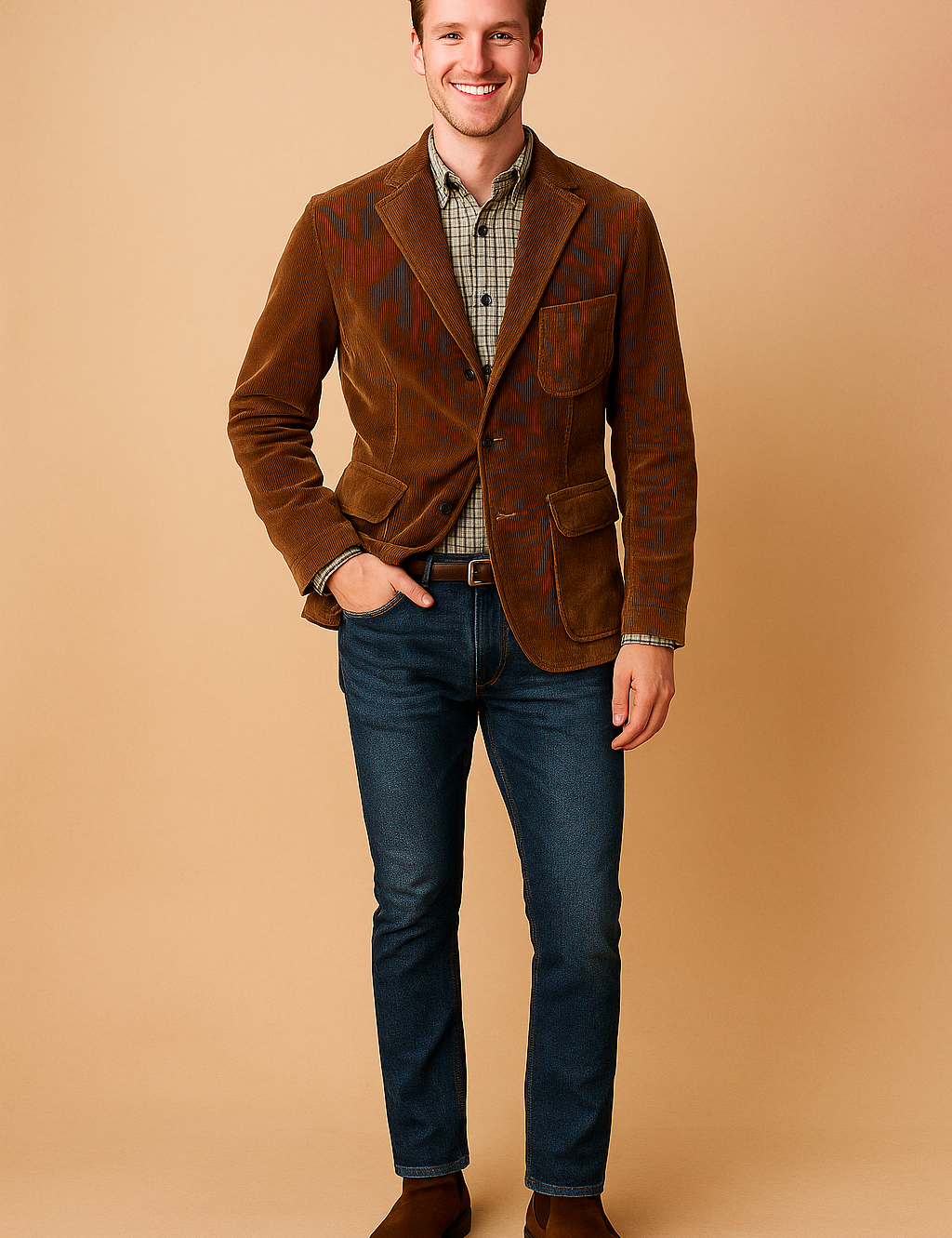 Brown corduroy blazer with notched lapels, three front pockets, and button closure, paired with a plaid button-up shirt, dark denim jeans, and brown suede Chelsea boots.