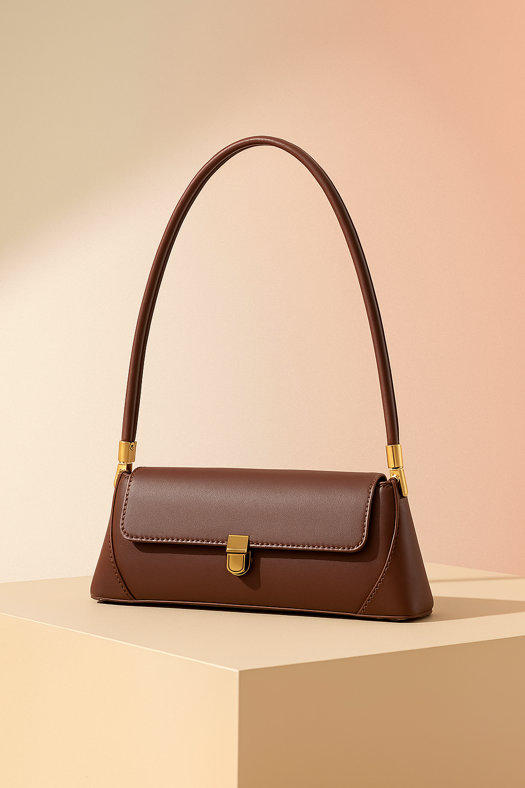 Chocolate brown rectangular leather shoulder bag with curved strap and gold hardware, displayed on a neutral platform with a warm sand and pastel pink gradient background.