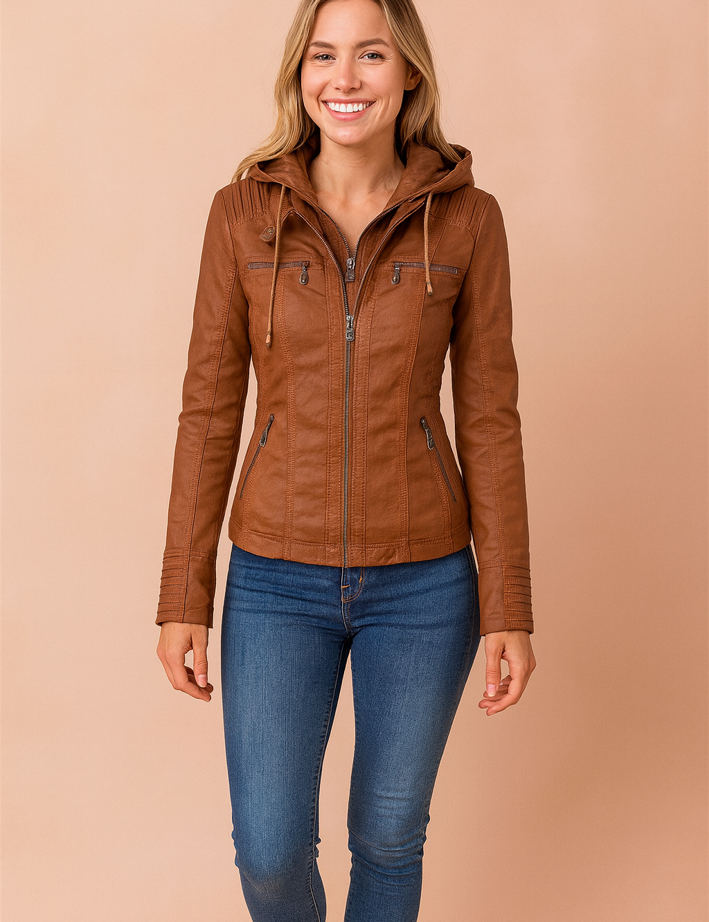 Slim-fit brown faux leather hooded jacket with front zip closure, detailed stitching, four functional zipper pockets, and ribbed cuffs for a stylish casual look.