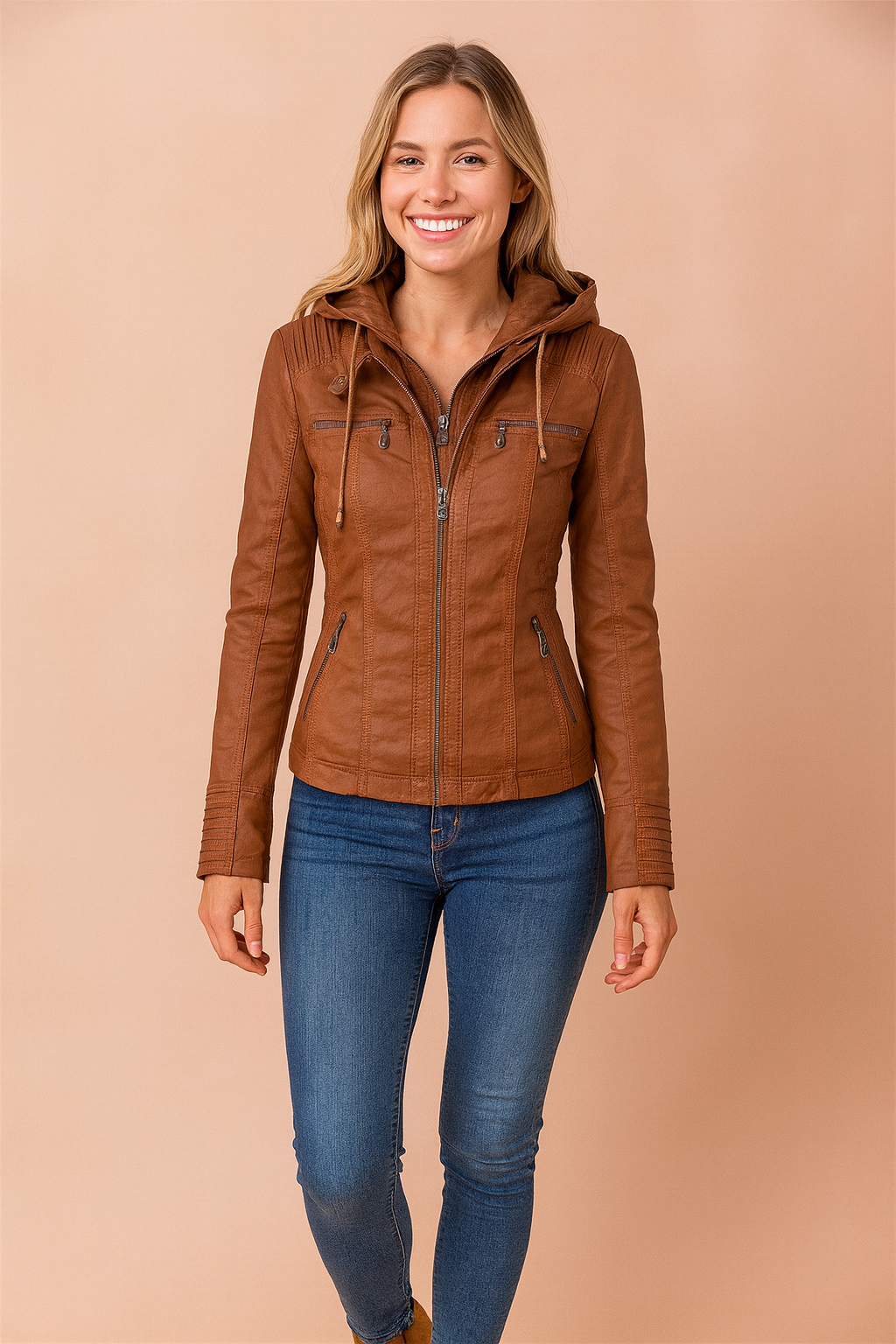 Slim-fit brown faux leather hooded jacket with front zip closure, detailed stitching, four functional zipper pockets, and ribbed cuffs for a stylish casual look.
