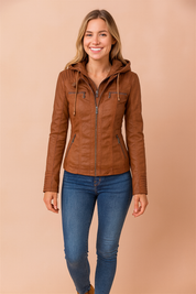 Slim-fit brown faux leather hooded jacket with front zip closure, detailed stitching, four functional zipper pockets, and ribbed cuffs for a stylish casual look.