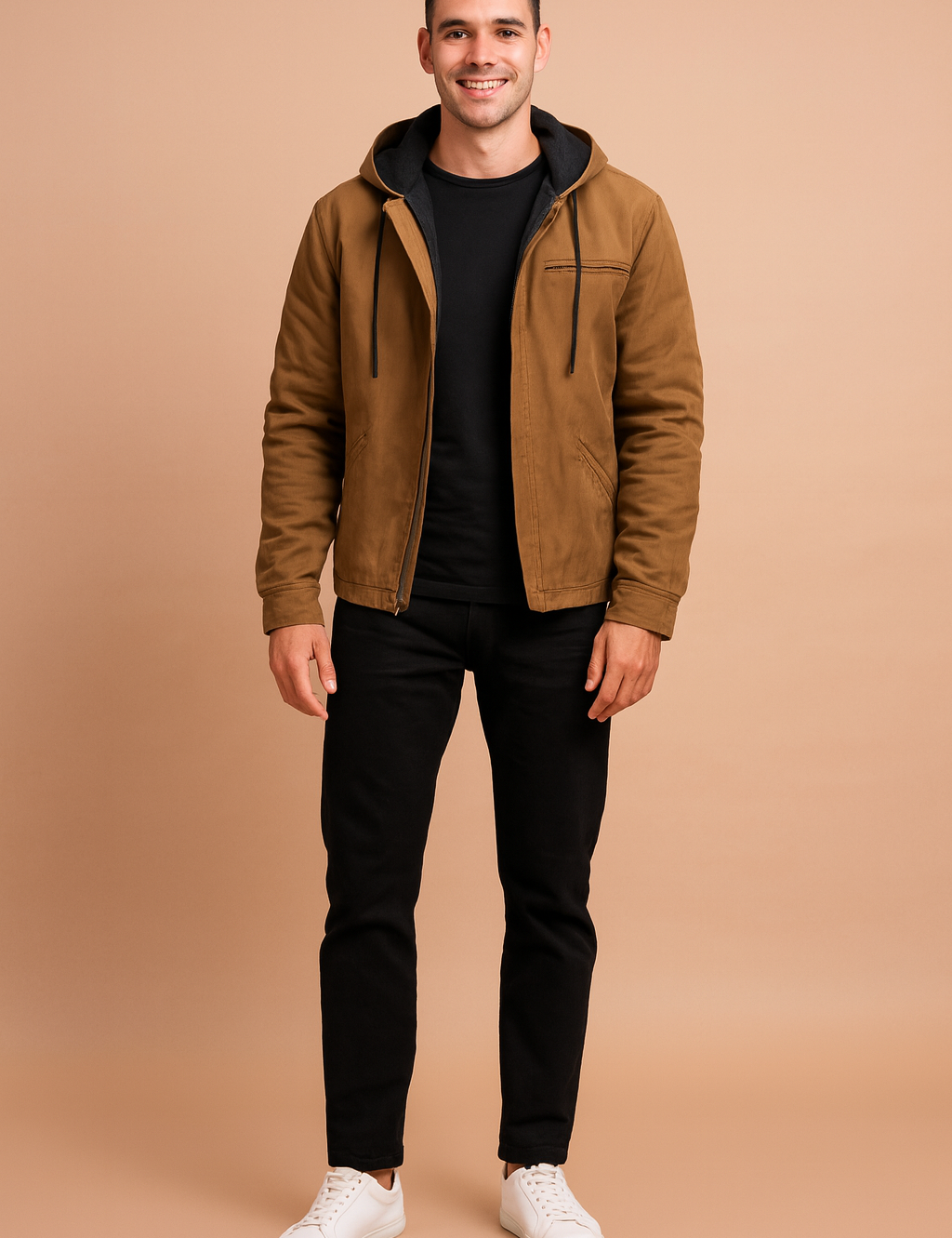 Brown hooded jacket with black fleece lining, front zipper and drawstring details, styled with black trousers and white sneakers.