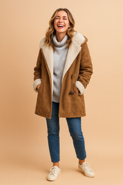 Camel brown faux suede winter coat with off-white faux fur lining, toggle front closures, long sleeves with fur cuffs, styled with light gray turtleneck sweater, blue slim-fit jeans, and off-white sneakers