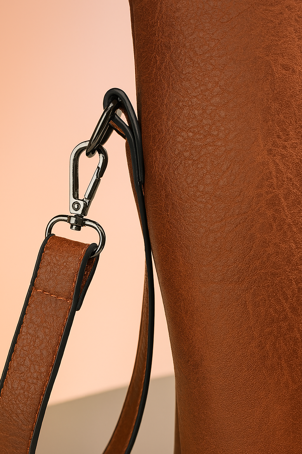 Close-up of a brown leather bag’s strap attachment showing a silver clasp and black metal loop, against a warm sand and pastel pink gradient background.