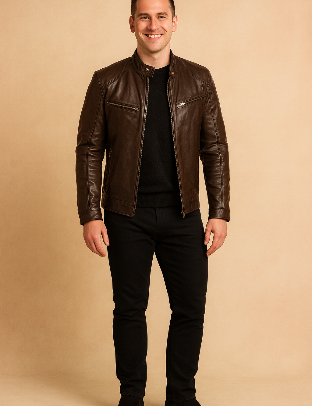 Stylish brown leather biker jacket with front zipper closure, detailed chest pockets, and a sleek fitted cut for a premium casual look