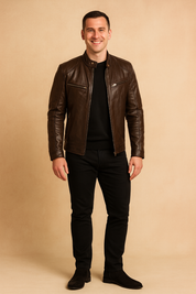 Stylish brown leather biker jacket with front zipper closure, detailed chest pockets, and a sleek fitted cut for a premium casual look