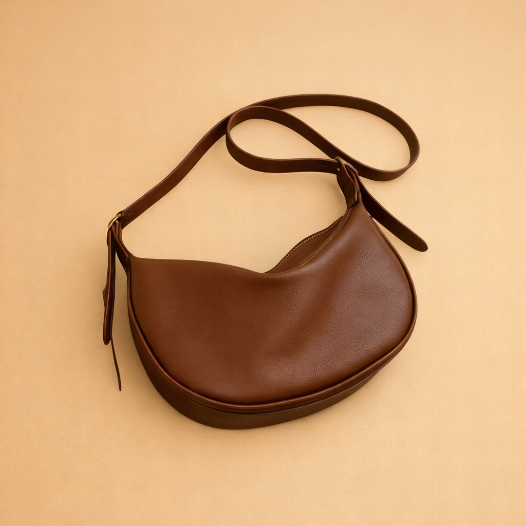 Luxury brown leather crescent shoulder bag with a smooth structured silhouette, adjustable strap, and minimalist design for everyday elegance.