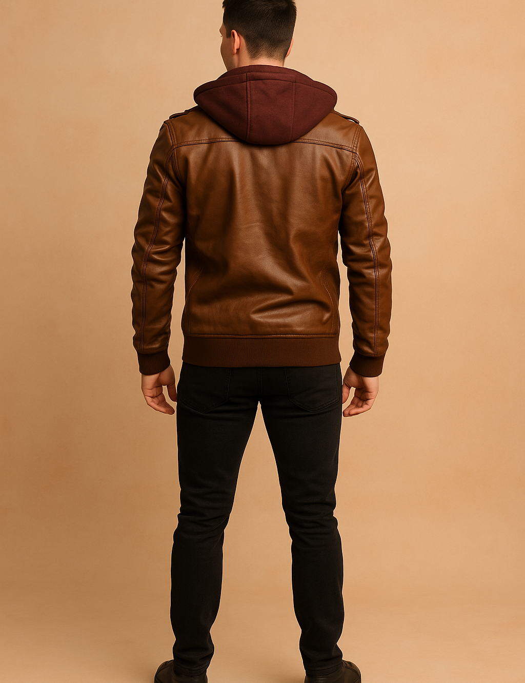 Back view of a brown leather jacket with ribbed cuffs and waistband, featuring a burgundy hood, styled in a casual modern fit.