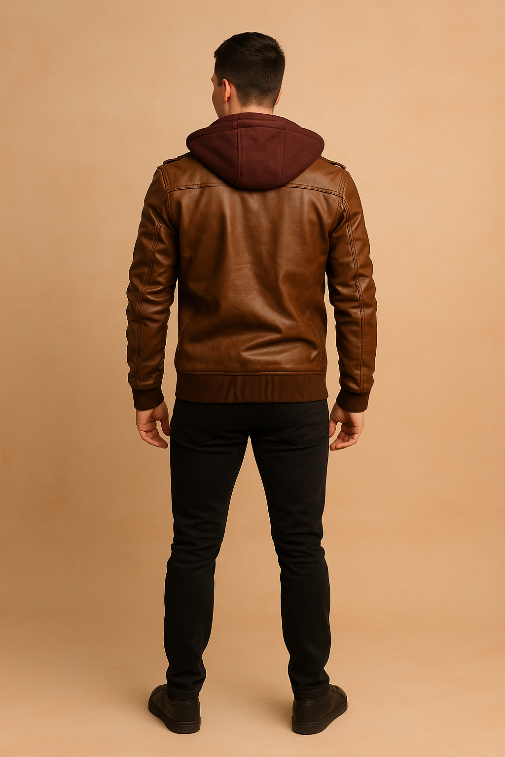 Back view of a brown leather jacket with ribbed cuffs and waistband, featuring a burgundy hood, styled in a casual modern fit.
