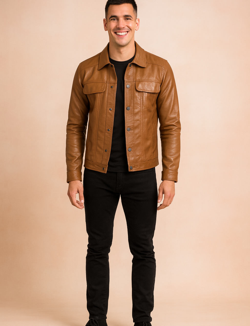 Brown leather jacket with button closure, flap chest pockets, and tailored fit, styled over a black t-shirt and jeans.