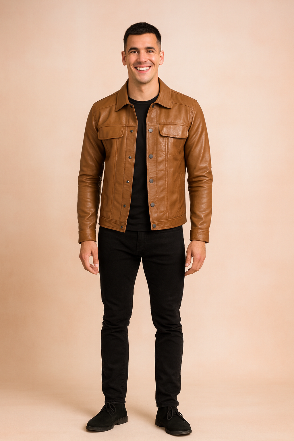Brown leather jacket with button closure, flap chest pockets, and tailored fit, styled over a black t-shirt and jeans.