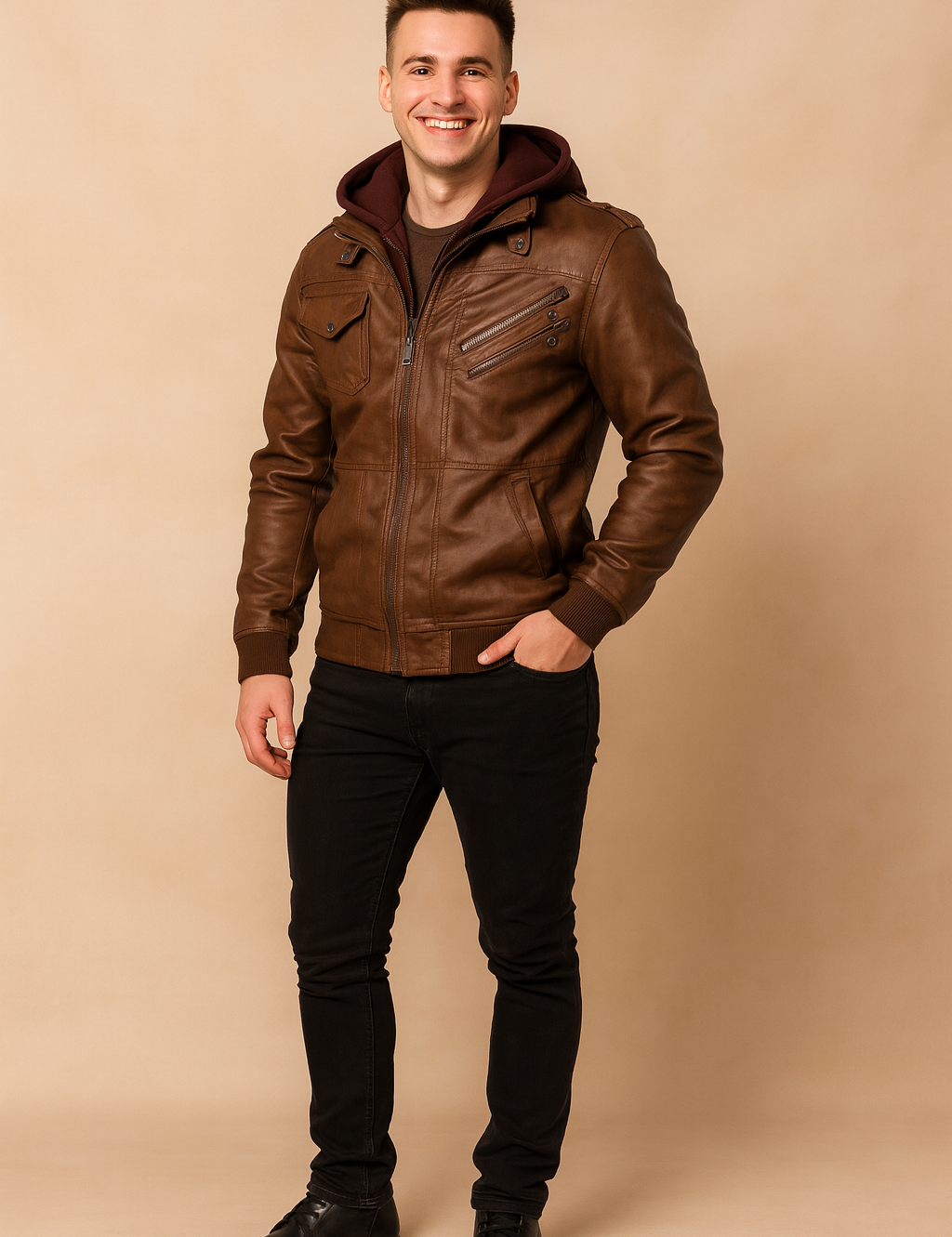 Brown leather jacket with multiple zippered chest pockets, ribbed cuffs, and a detachable burgundy hood, styled in a modern casual fit.
